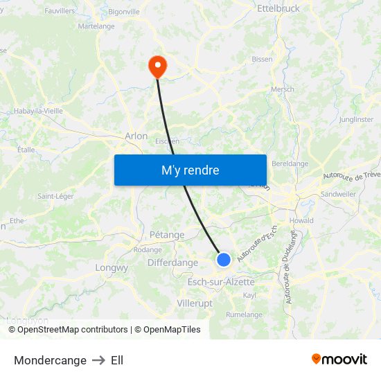Mondercange to Ell map