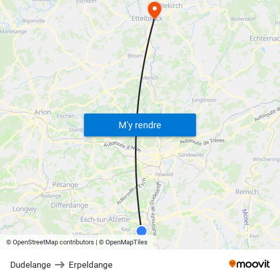 Dudelange to Erpeldange map