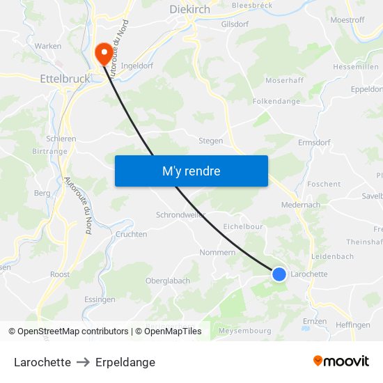 Larochette to Erpeldange map
