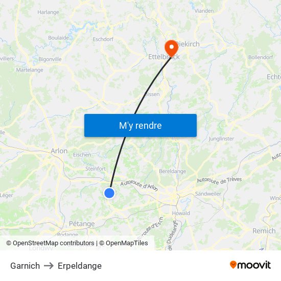 Garnich to Erpeldange map