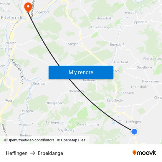Heffingen to Erpeldange map