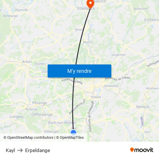 Kayl to Erpeldange map