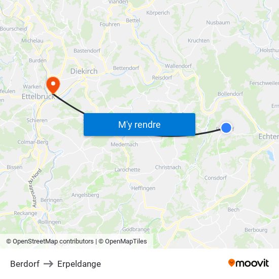 Berdorf to Erpeldange map