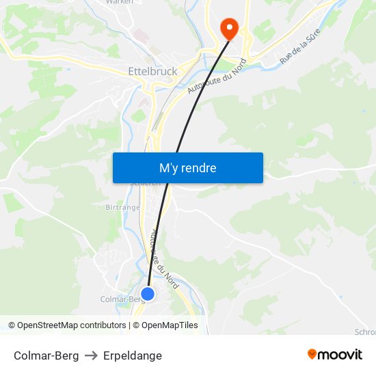 Colmar-Berg to Erpeldange map