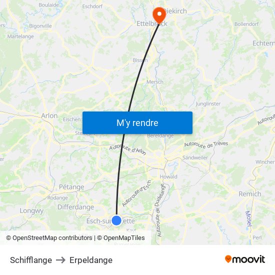 Schifflange to Erpeldange map