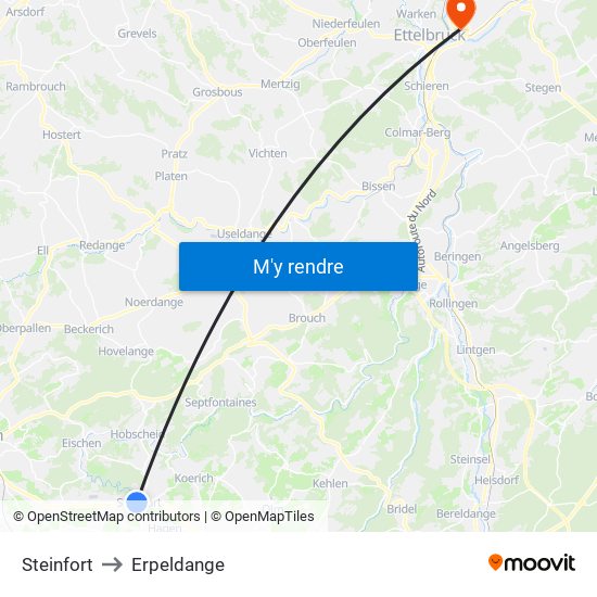 Steinfort to Erpeldange map