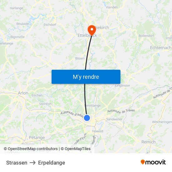 Strassen to Erpeldange map