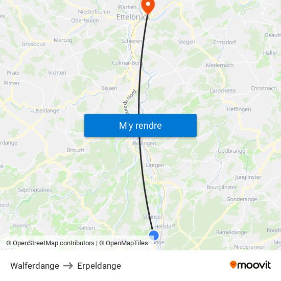 Walferdange to Erpeldange map