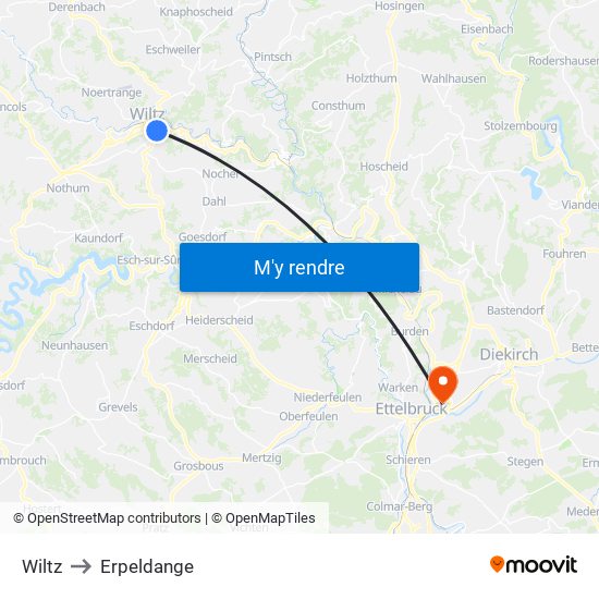 Wiltz to Erpeldange map