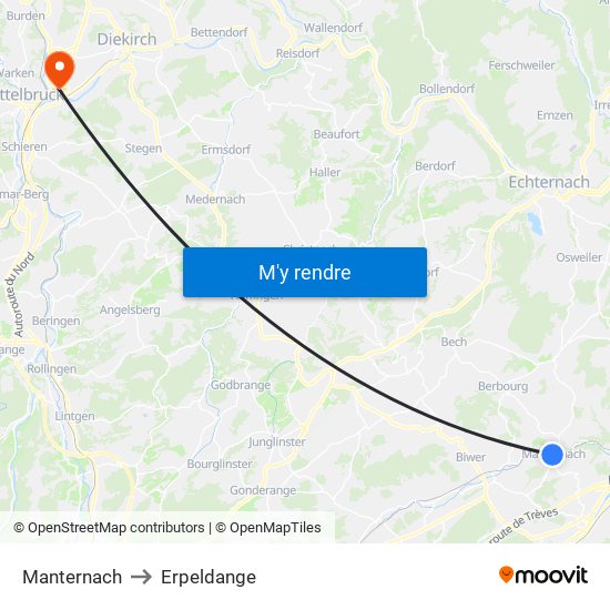Manternach to Erpeldange map