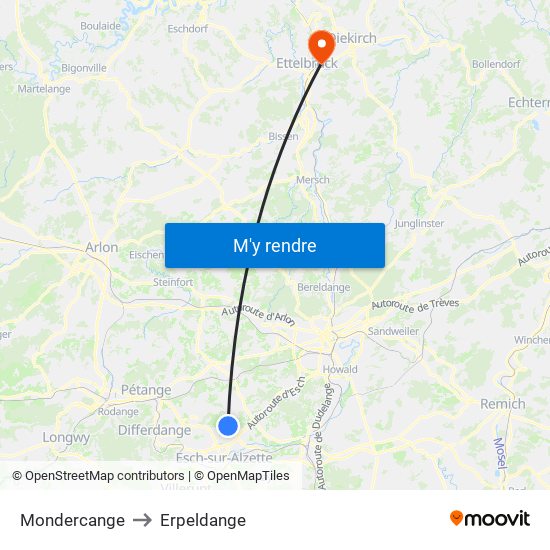 Mondercange to Erpeldange map