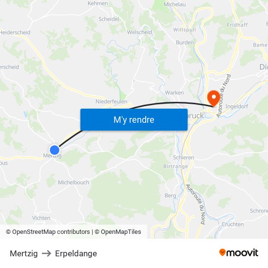 Mertzig to Erpeldange map