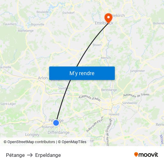 Pétange to Erpeldange map