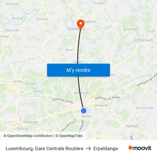 Luxembourg, Gare Centrale Routière to Erpeldange map