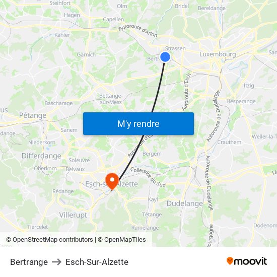 Bertrange to Esch-Sur-Alzette map