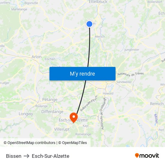 Bissen to Esch-Sur-Alzette map