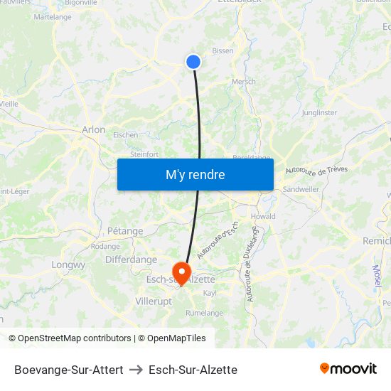 Boevange-Sur-Attert to Esch-Sur-Alzette map