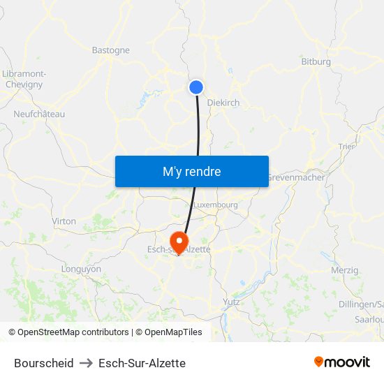 Bourscheid to Esch-Sur-Alzette map