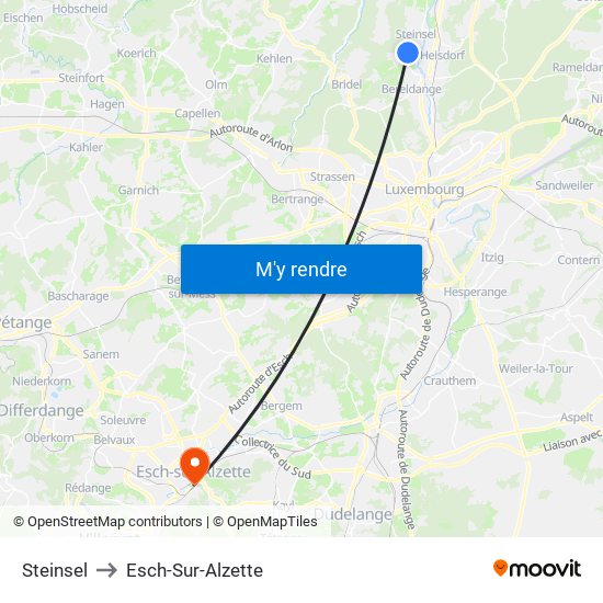 Steinsel to Esch-Sur-Alzette map