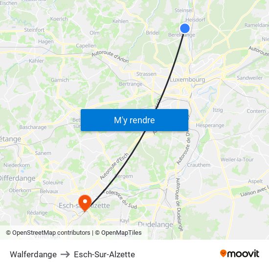 Walferdange to Esch-Sur-Alzette map