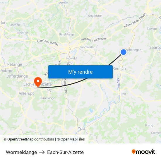 Wormeldange to Esch-Sur-Alzette map