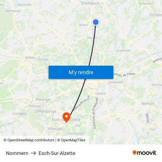 Nommern to Esch-Sur-Alzette map