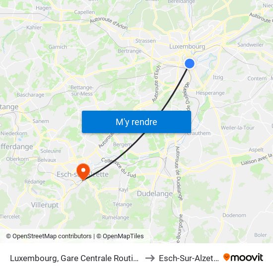 Luxembourg, Gare Centrale Routière to Esch-Sur-Alzette map