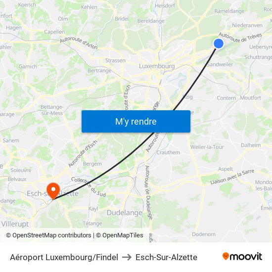 Aéroport Luxembourg/Findel to Esch-Sur-Alzette map