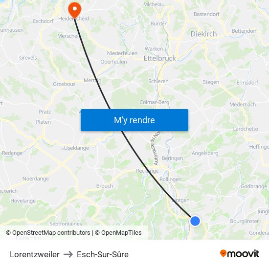 Lorentzweiler to Esch-Sur-Sûre map