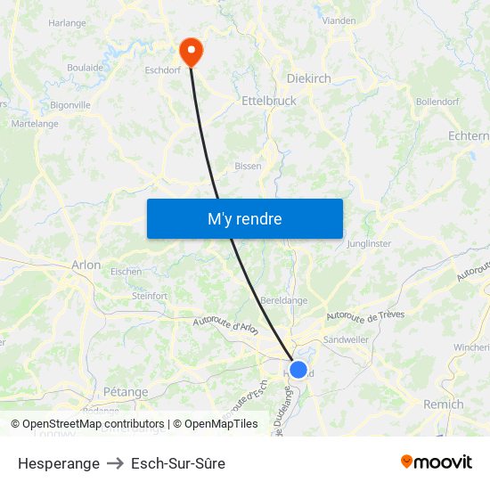 Hesperange to Esch-Sur-Sûre map