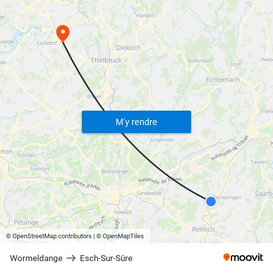 Wormeldange to Esch-Sur-Sûre map