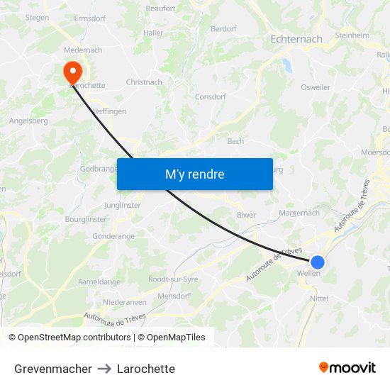 Grevenmacher to Larochette map