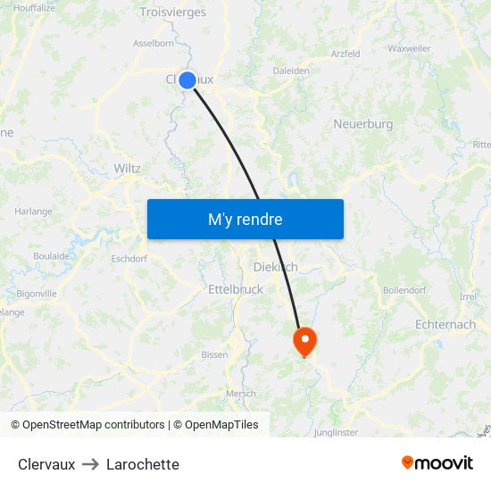 Clervaux to Larochette map
