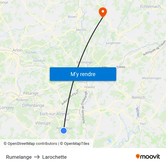 Rumelange to Larochette map