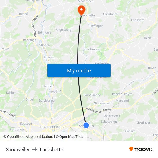 Sandweiler to Larochette map