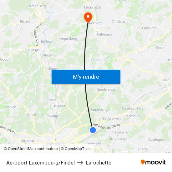 Aéroport Luxembourg/Findel to Larochette map