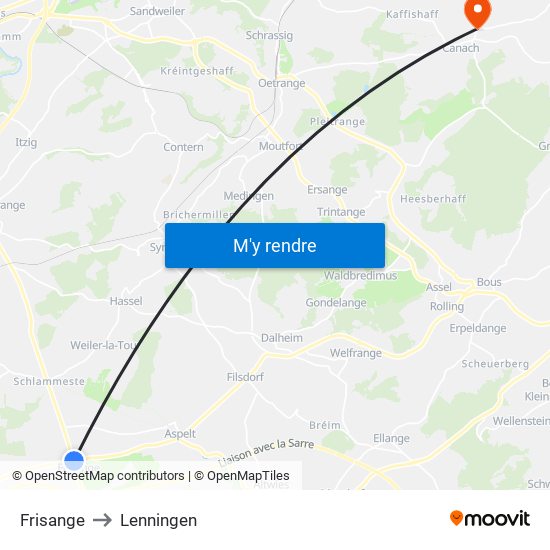 Frisange to Lenningen map