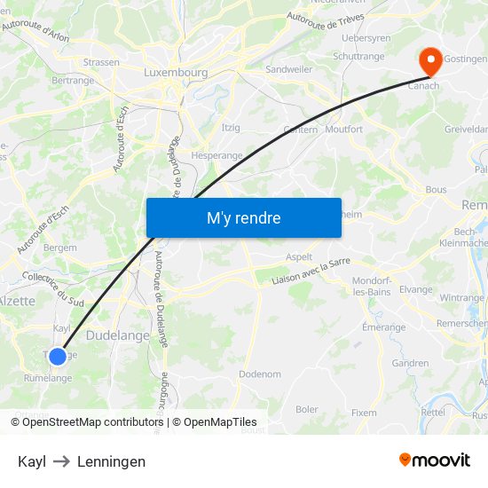 Kayl to Lenningen map