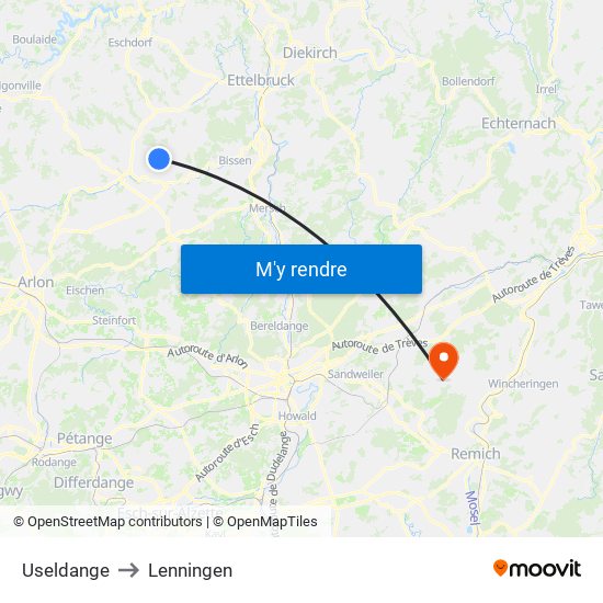Useldange to Lenningen map