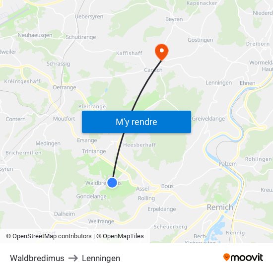 Waldbredimus to Lenningen map