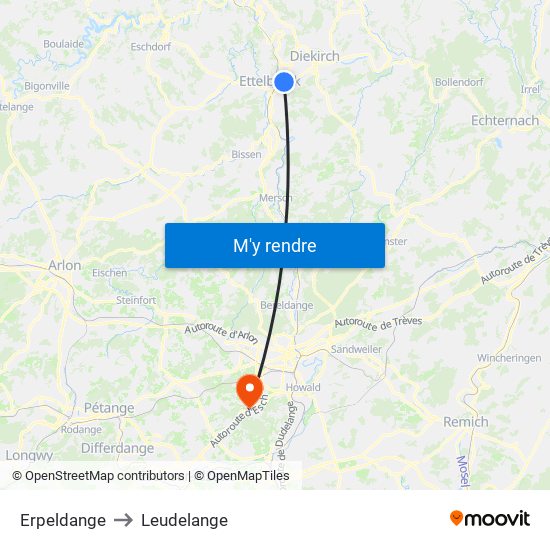 Erpeldange to Leudelange map