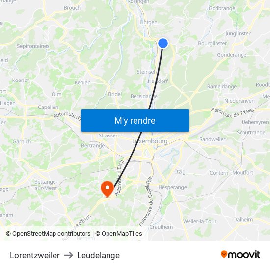 Lorentzweiler to Leudelange map