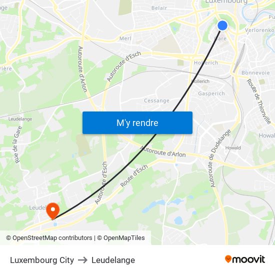 Luxembourg City to Leudelange map