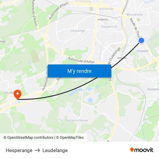 Hesperange to Leudelange map