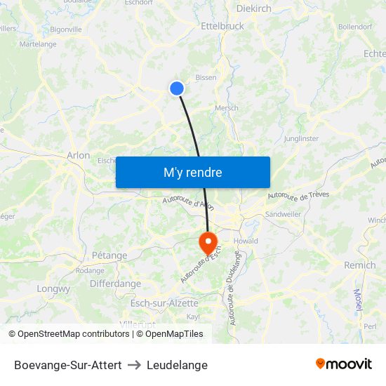 Boevange-Sur-Attert to Leudelange map