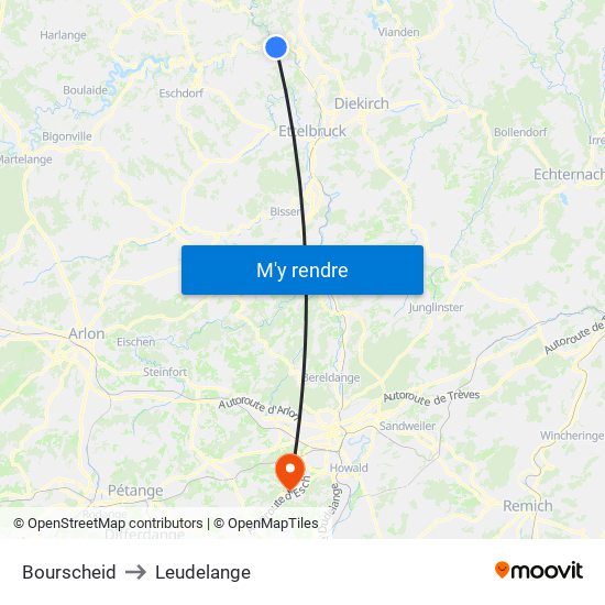 Bourscheid to Leudelange map
