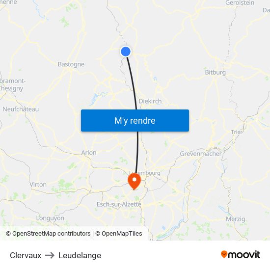 Clervaux to Leudelange map