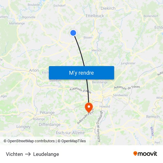 Vichten to Leudelange map