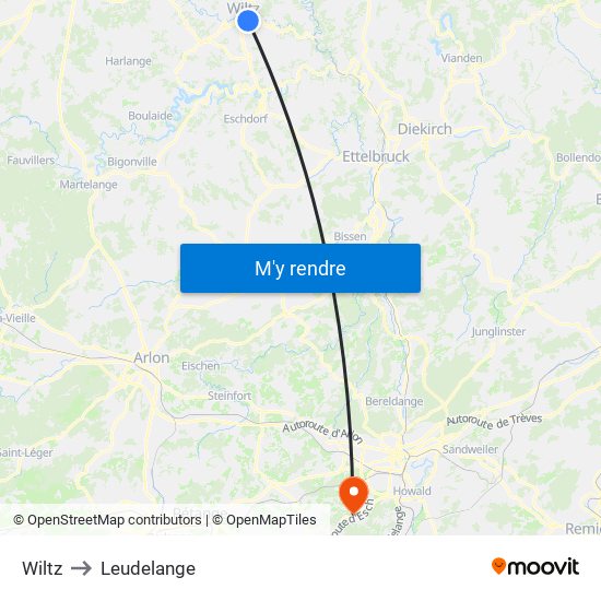 Wiltz to Leudelange map