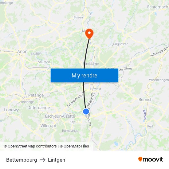 Bettembourg to Lintgen map